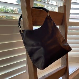 GUUCI shoulder hobo with wood handle -dark brown -structured leather